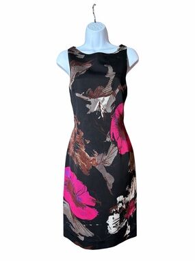 Helene Berman Black Midi Floral Sheath Dress with Fuchsia/Brown Accent